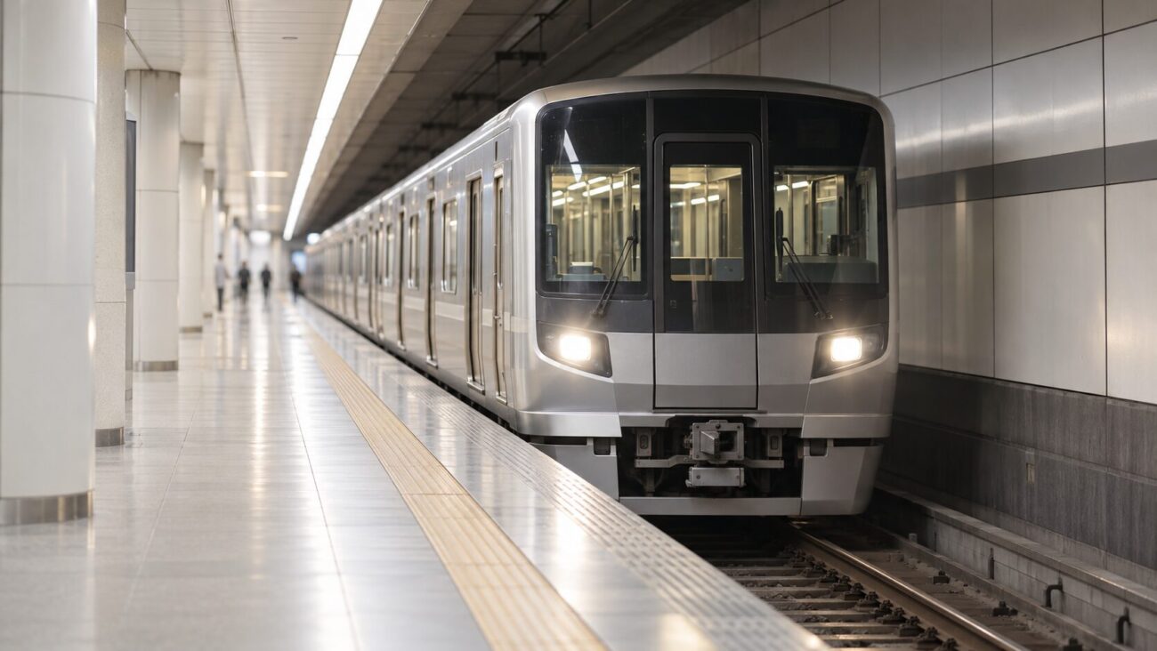 清潔でサインのない地下鉄のホームに電車が到着し、遠くに通勤客の淡いシルエットが見える様子