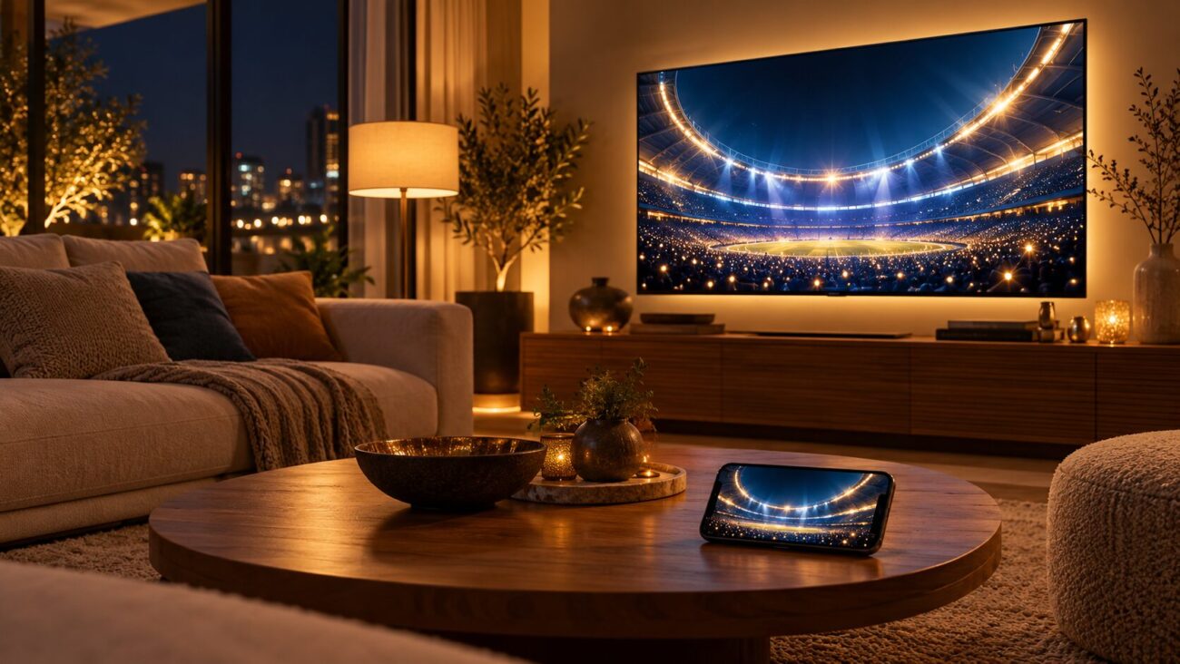 夜のリビングで、テレビとスマートフォンに光り輝くスタジアムが映し出されている観戦イメージ