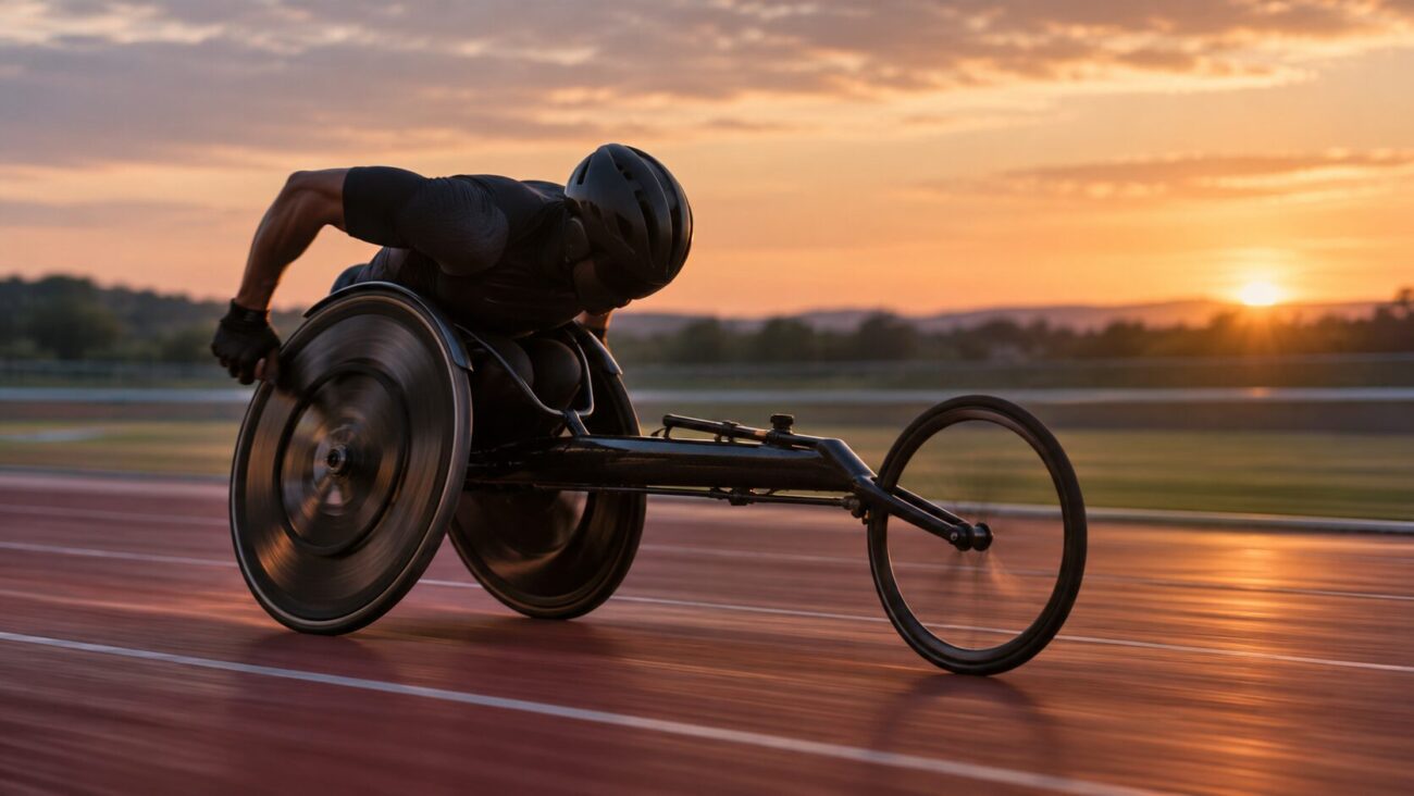 夕暮れのトラックを疾走する陸上競技用車いすアスリートのシルエット