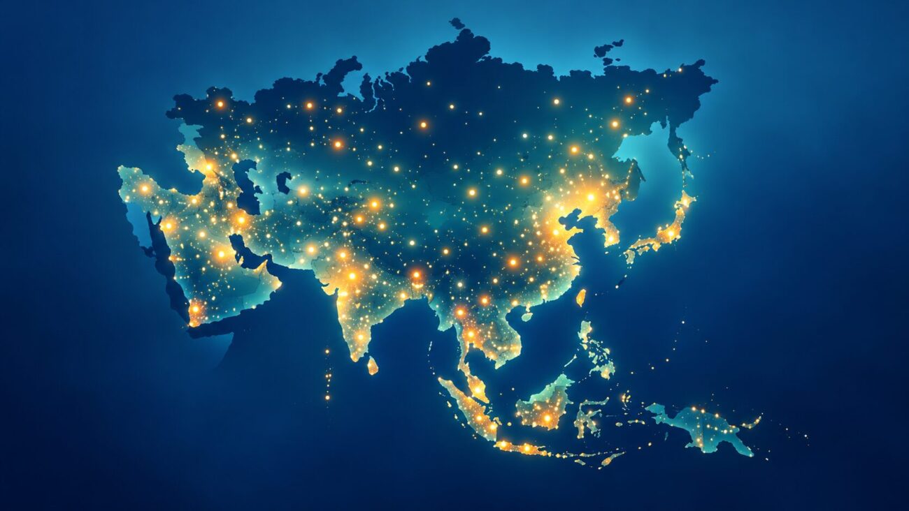 アジア大陸を抽象的に表した青い地図に、参加地域を思わせる光のドットが散らばるイメージ