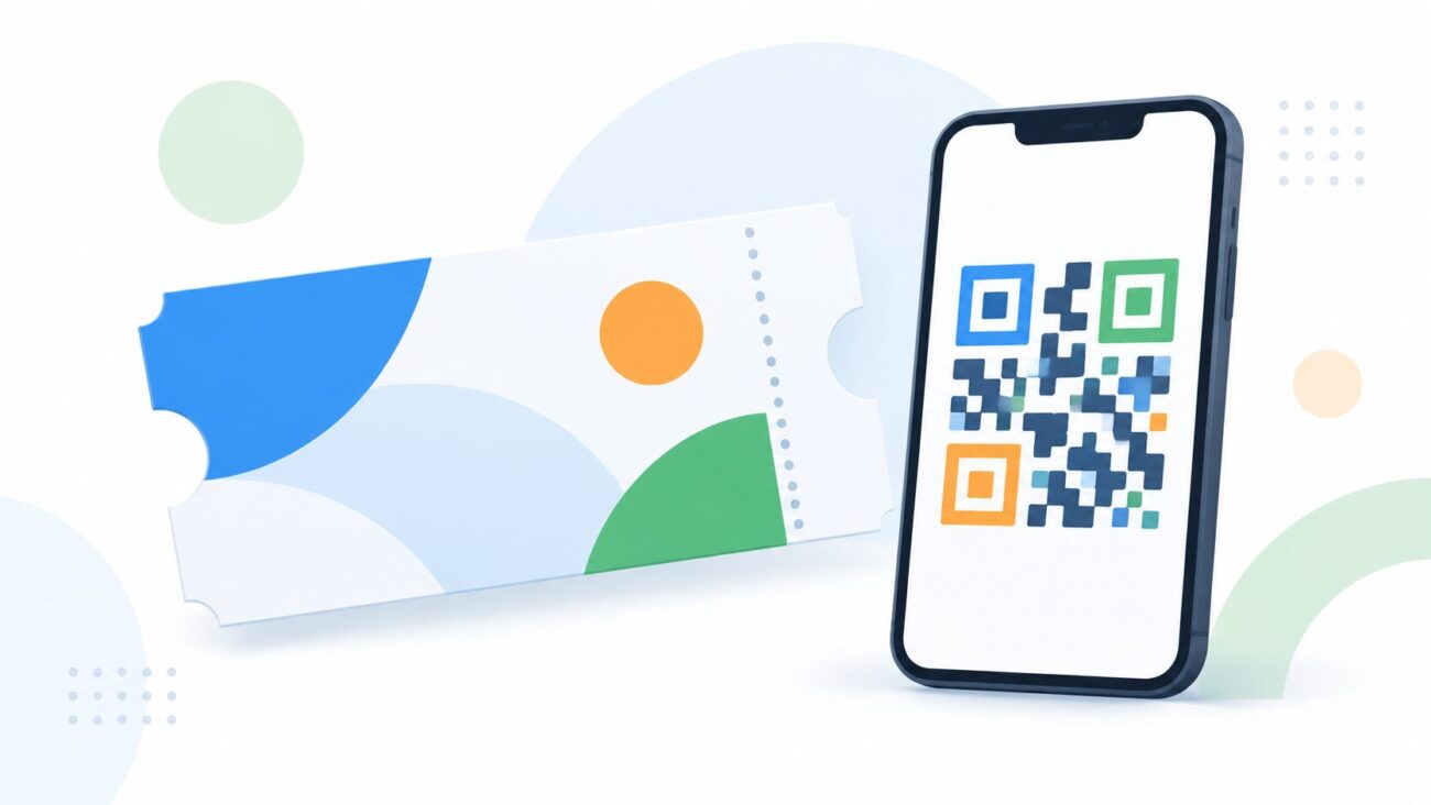 観戦チケットとスマートフォンのQRコード表示をイメージしたフラットデザインのイラスト