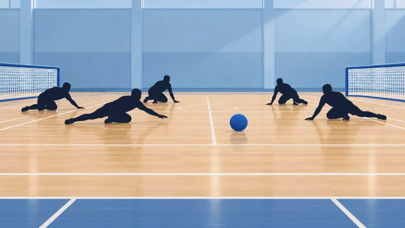 体育館でゴールボール風の試合をする選手たちを横から見た、顔の見えないシルエットのイラスト