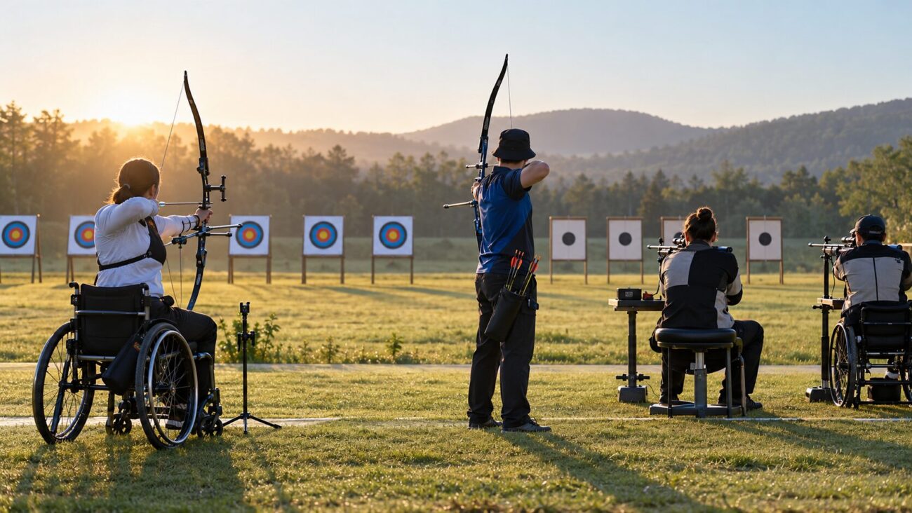 穏やかな朝の光の中、アーチェリーや射撃に集中する選手が並ぶ屋外レンジの風景
