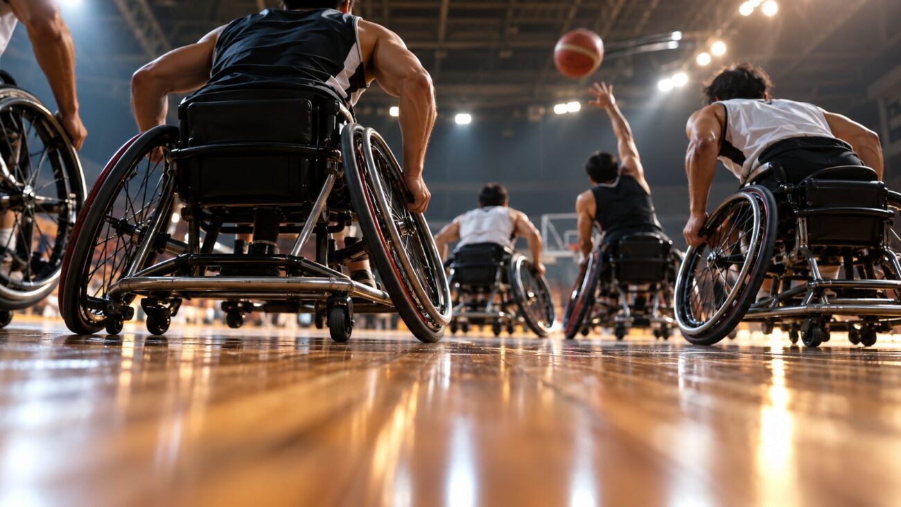ローアングルから見た車いすバスケットボールのコートで、後ろ姿の選手たちとボールが躍動する様子