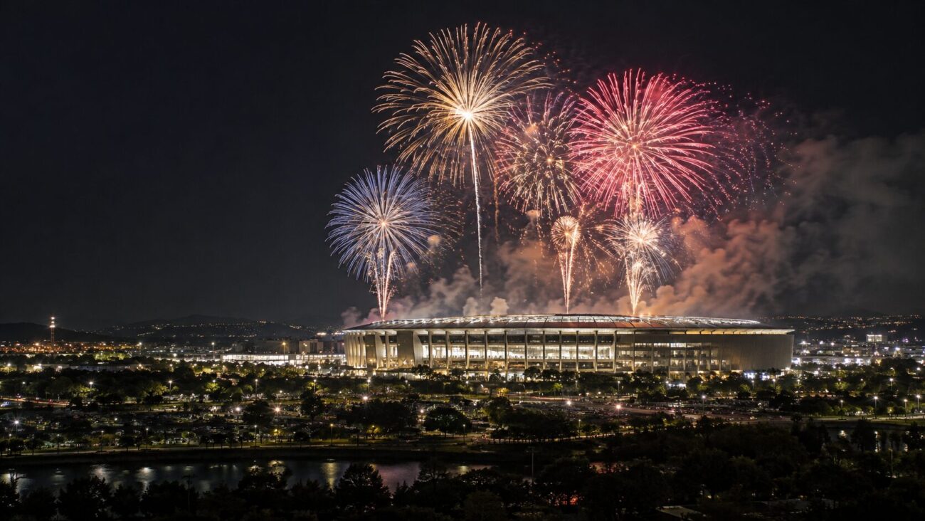 夜のスタジアムに打ち上がる花火