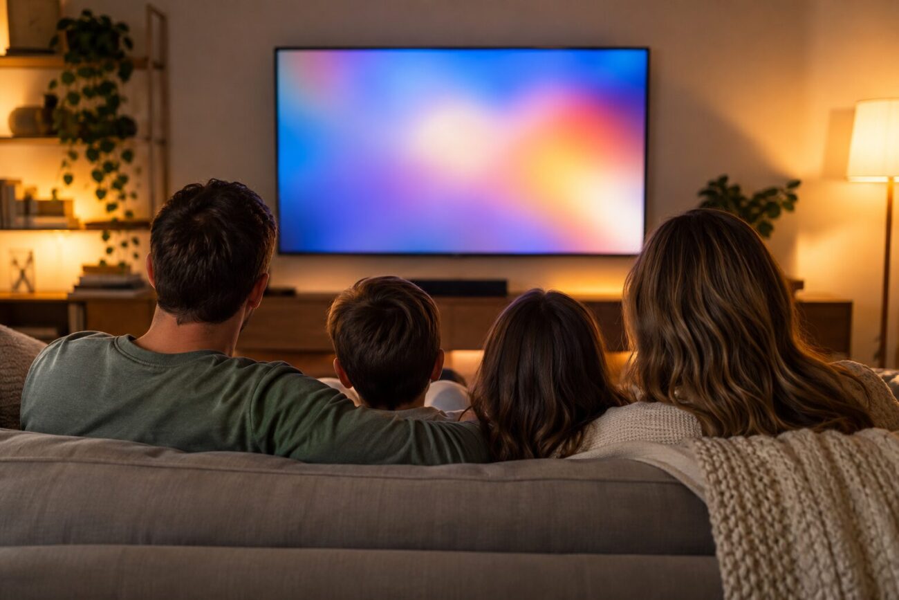 テレビで観戦する家族の後ろ姿