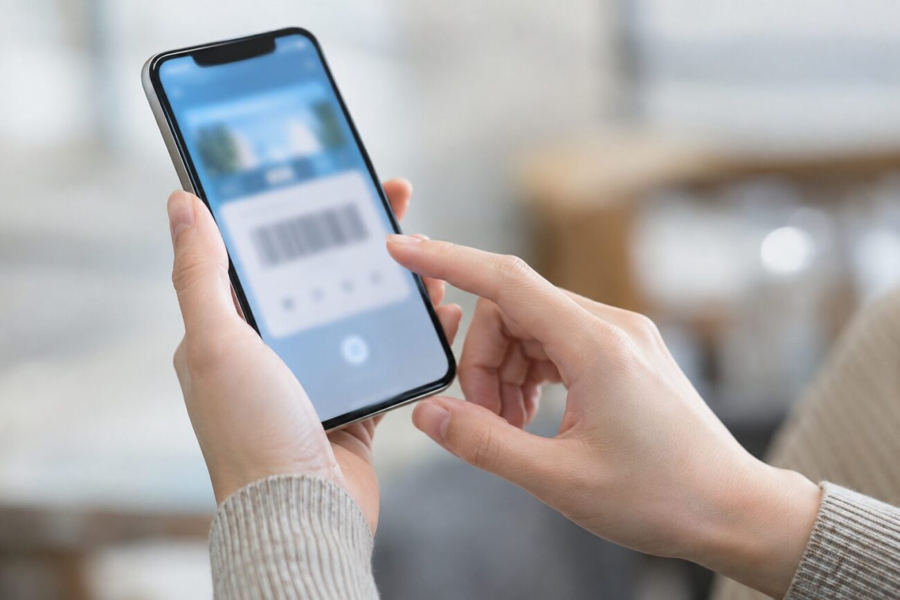 スマートフォンでチケット画面を確認する手元