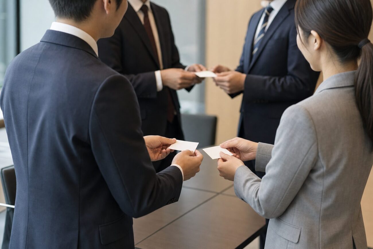 名刺交換をするビジネスパーソン