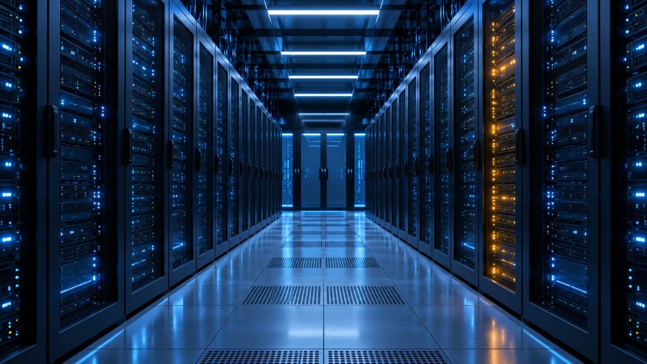 青い照明に照らされたデータセンターのサーバーラック通路と、1台だけ琥珀色の警告灯が点るラック