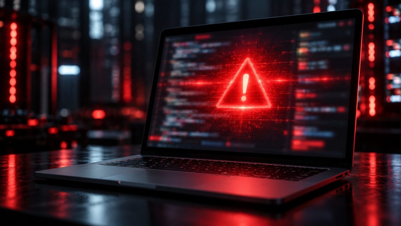 ぼやけたコードが並ぶノートPCの画面に赤い警告アラートが表示されている様子