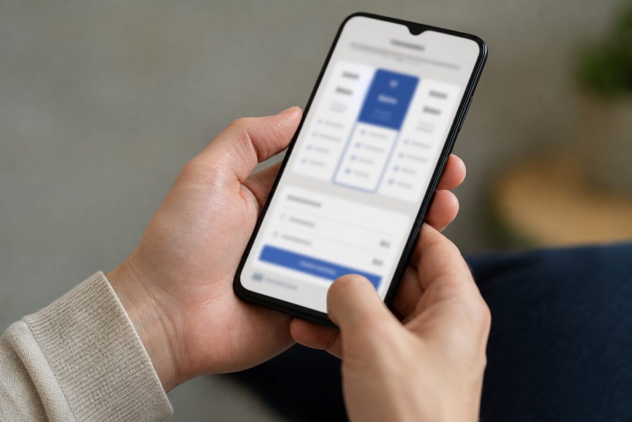 スマートフォンで契約画面を確認する手元