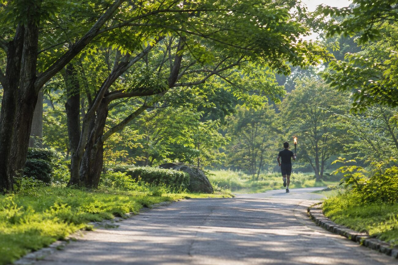 公園の遊歩道を走るトーチランナーのシルエット
