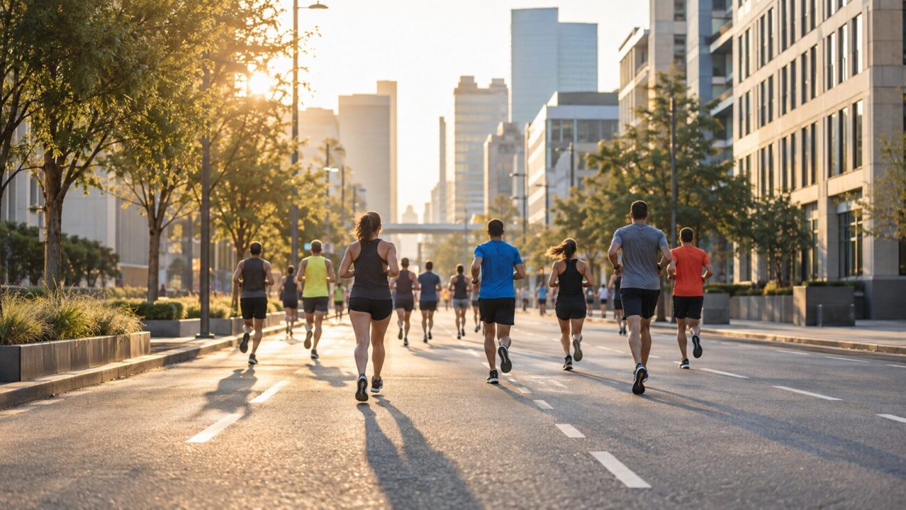 早朝の公道を走るマラソンランナーたち