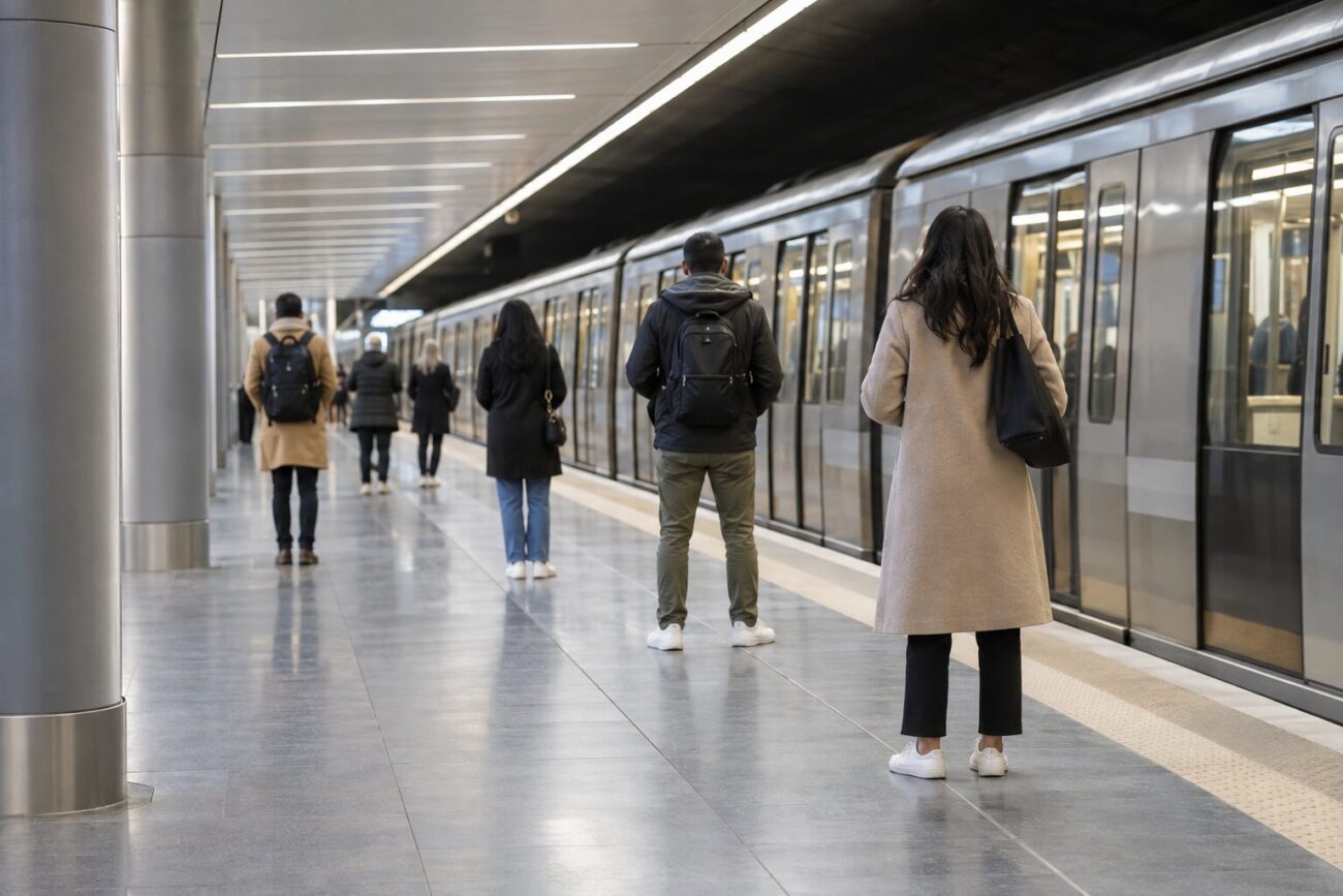 地下鉄駅のホームで電車を待つ人々